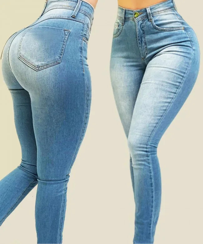 Damen-Jeans in reiner Farbe, Denim-Jeans mit hoher Taille, Straßenspiel, kultivieren die eigene Moral, formende Figur mit Jeans mit hoher Taille
